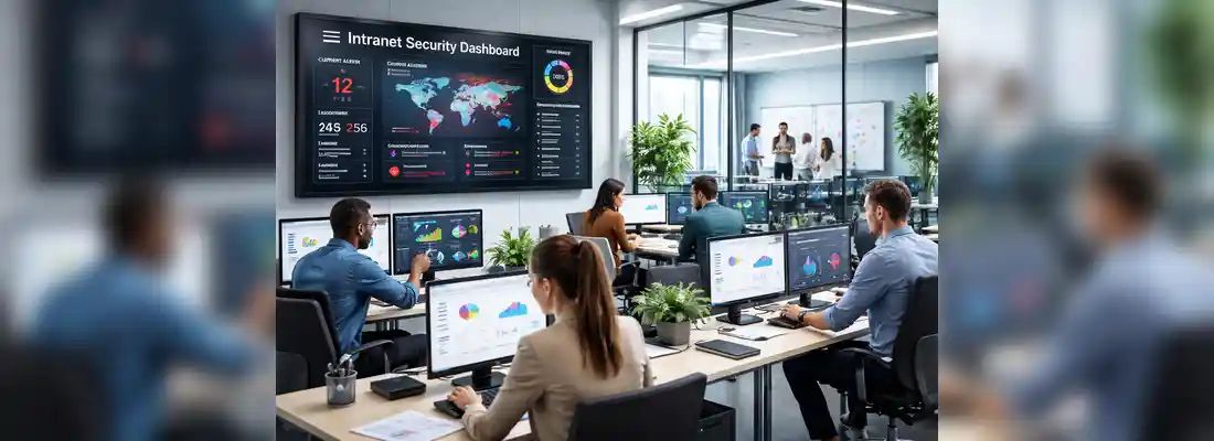 A modern security operations center displaying an intranet security dashboard.