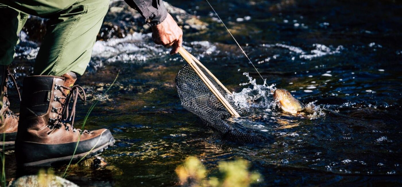Angler lifts a fish from a shallow river with a knotless landing net